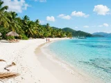 White-sand Caribbean beach with palm trees and turquoise water