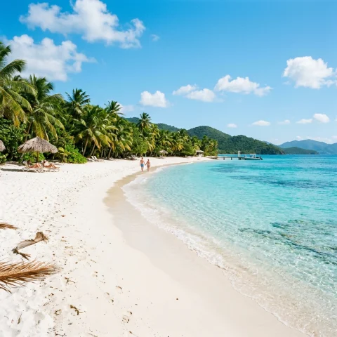 White-sand Caribbean beach with palm trees and turquoise water