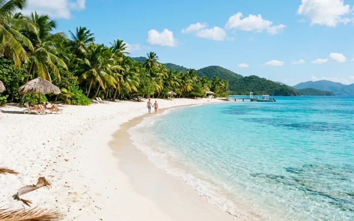 White-sand Caribbean beach with palm trees and turquoise water