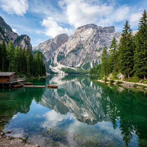 Alpine lake in Europe surrounded by forest and rocky peaks