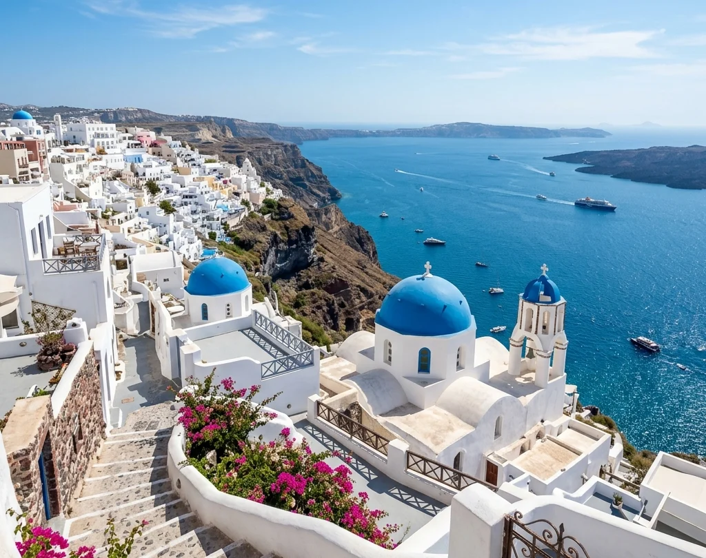 Blue-domed white buildings above the Mediterranean Sea in Santorini