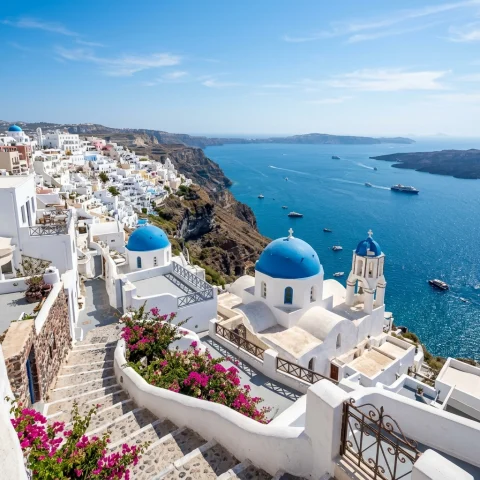 Blue-domed white buildings above the Mediterranean Sea in Santorini