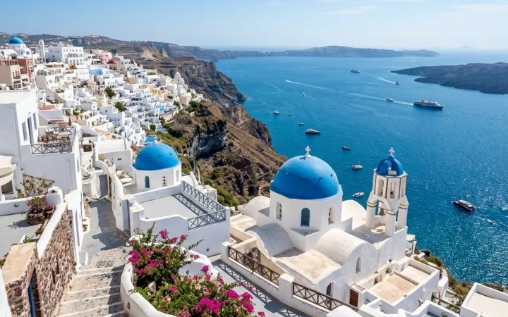 Blue-domed white buildings above the Mediterranean Sea in Santorini