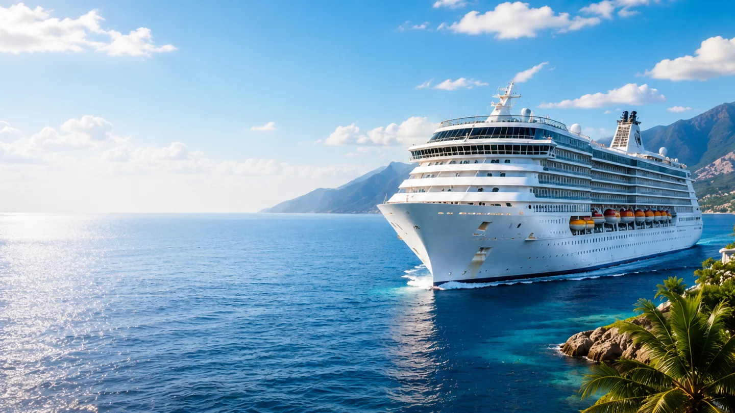 White cruise ship sailing on a blue sea past green mountains