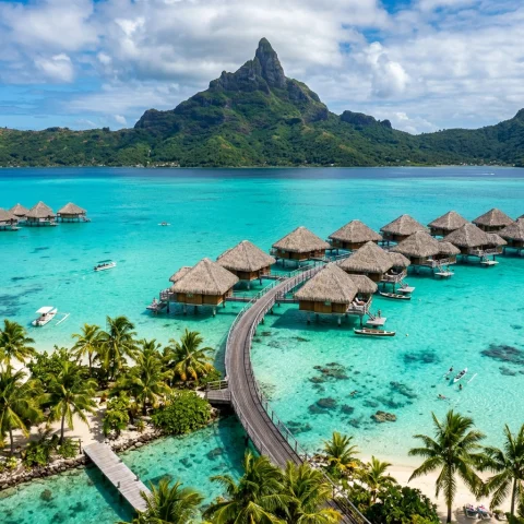 Overwater bungalows in a South Pacific lagoon below a green peak